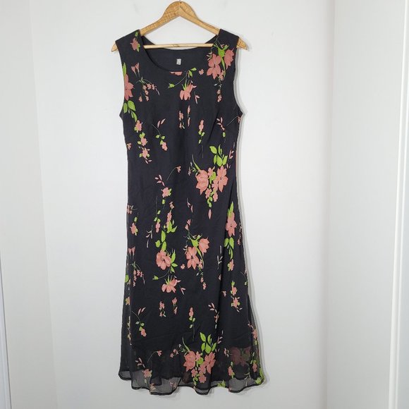 Y2K Dresses & Skirts - Vintage Black Floral 90's Sleeveless Scoop Neck Shift Dress Midi Plus Y2K Sz 18